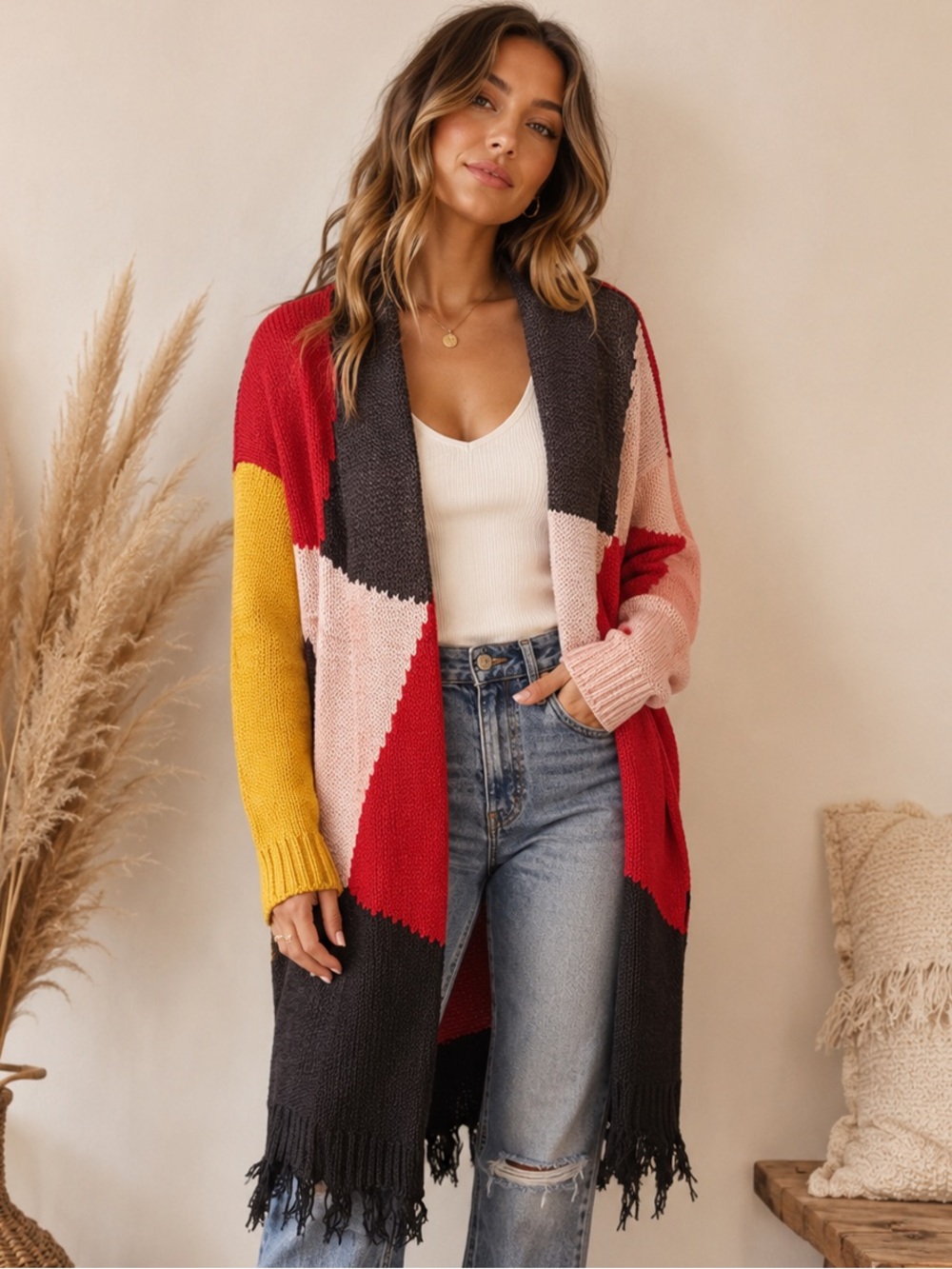 Umgee Colorblock Fringe Open-Front Cardigan (090567) ๐ผ ๐ฉท